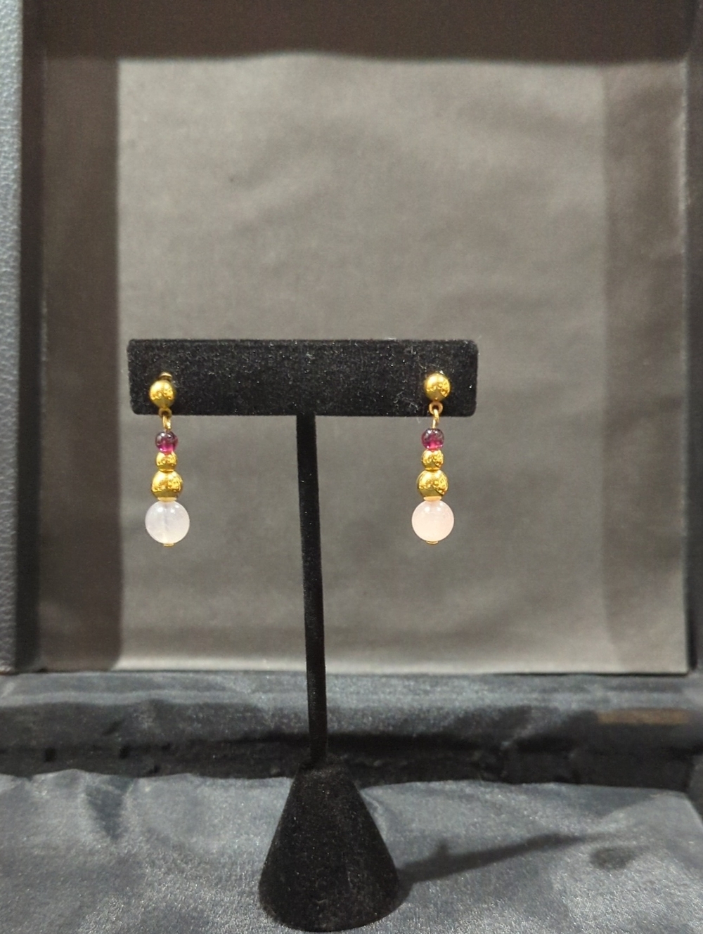 Gold Drop Earrings with Pink Gem and Rose Quartz Bead - Women Jewelry